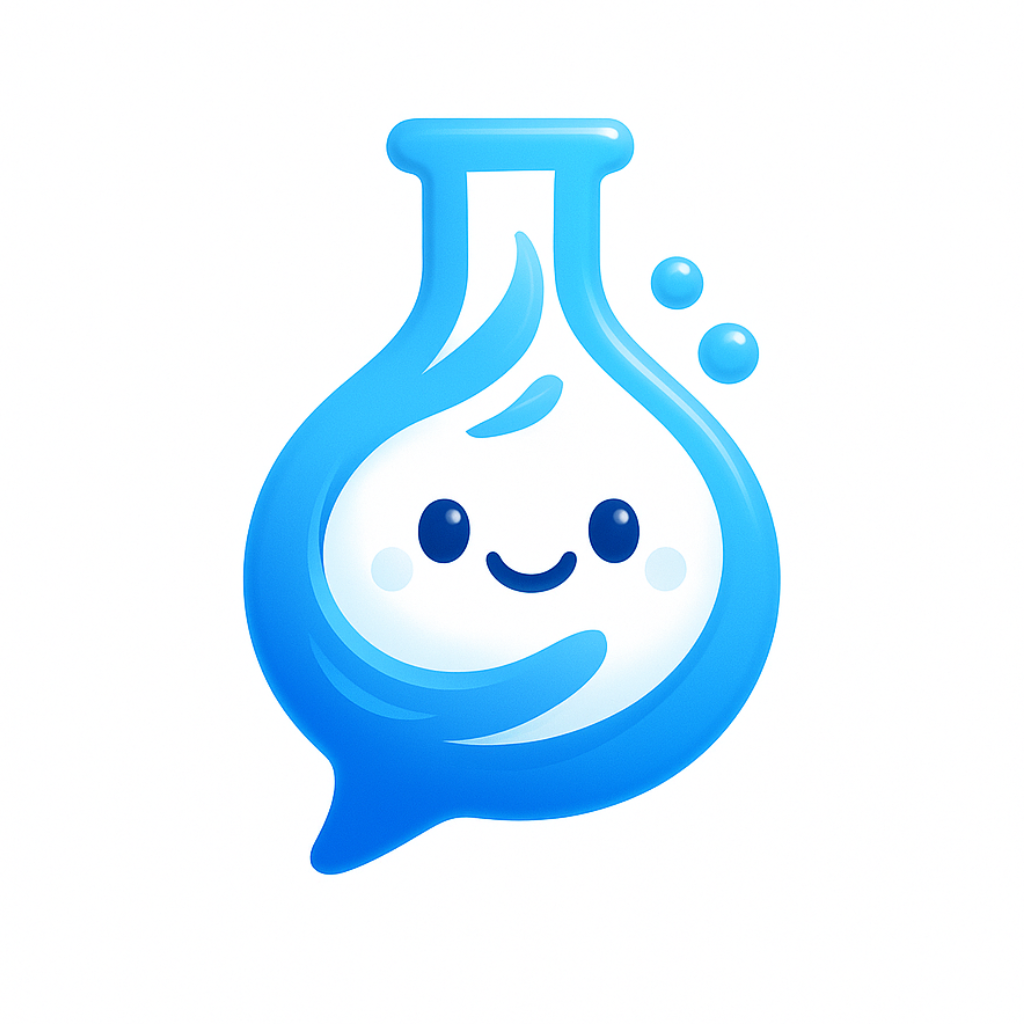 KaiwaLab logo — friendly blue chat-bubble flask mascot